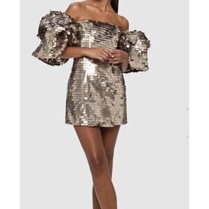 LEO LIN Brenda Gold Brown Sequin Puff Sleeve Statement Piece Mini Dress US 2 NWT